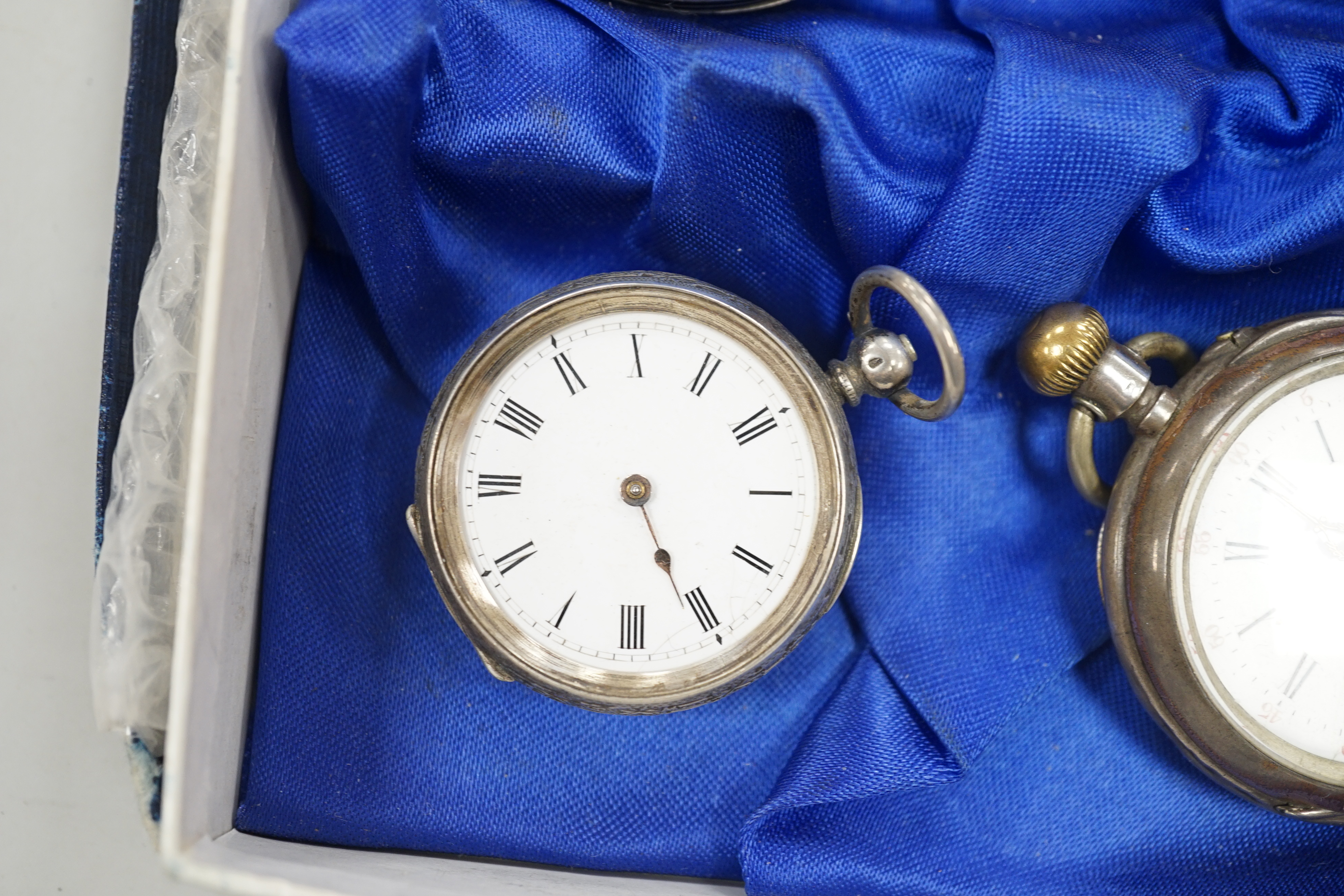 Two silver albert chains, including graduated link and silver gilt(worn), largest 40cm, together with eight assorted pocket or fob watches including silver, white metal and gold plated.